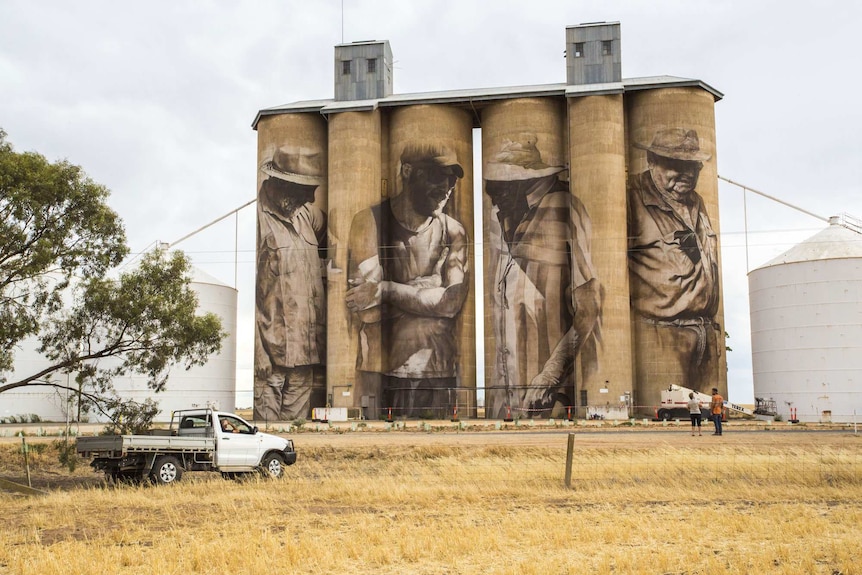 Silo painted by street artist in Brim, Victoria