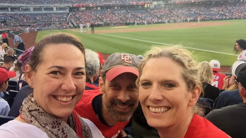 Lisa Millar with friends at a baseball game in the US.