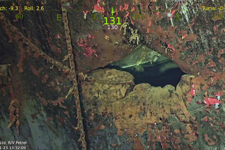 Damage on the hull of the USS Hornet.