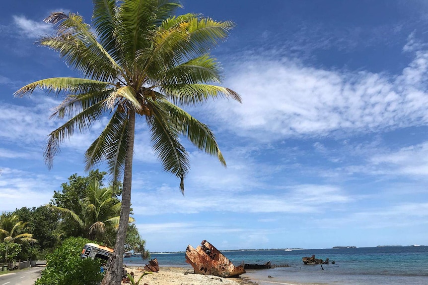 The coastline of the Pacific nation of Tuvalu.