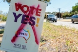 A cardboard sign on a tree, its "Vote Yes" label defaced with a red cross