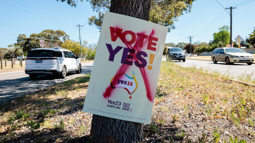 A cardboard sign on a tree, its "Vote Yes" label defaced with a red cross