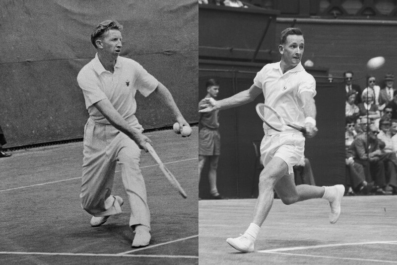 Don Budge and Rod Laver in action