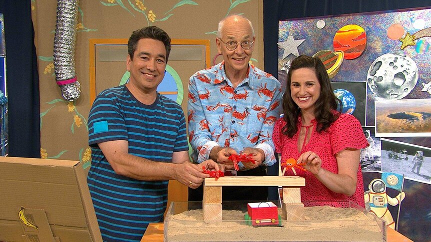 Alex, Emma and Dr Karl on the Play School Sea and Space set