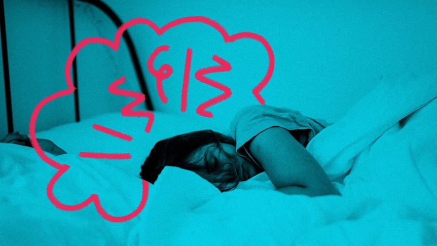 Woman lying in bed with thought cloud full of stress symbols above her head.