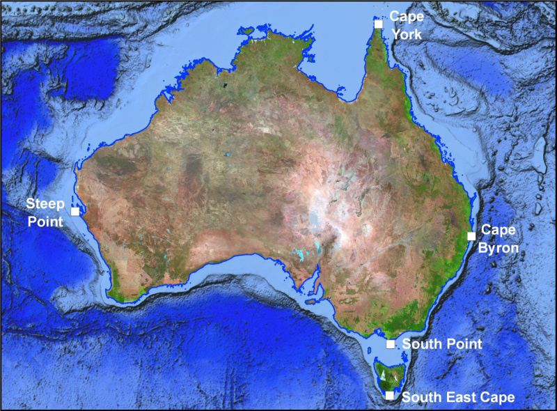 A map marking Australia's continental extremities