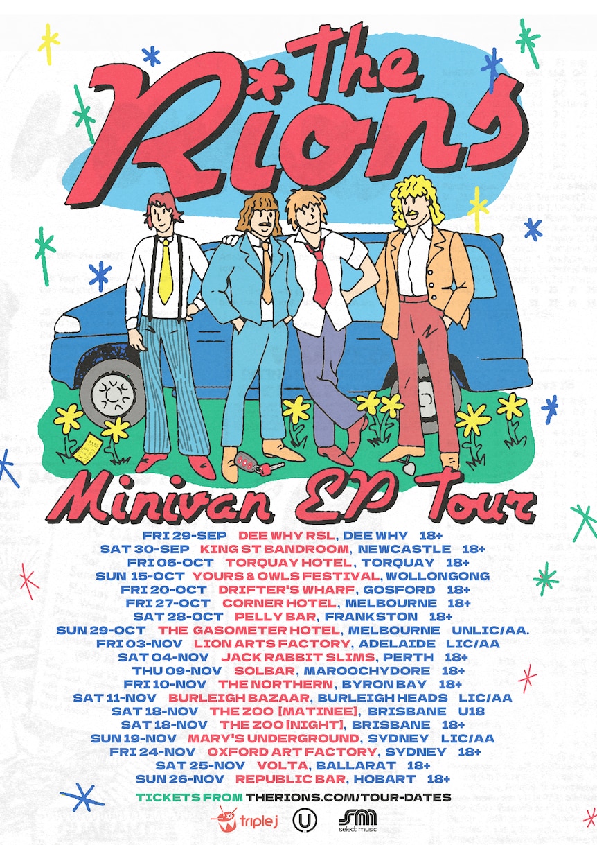Poster for The Rions Minivan tour featuring a cartoon drawing of the band with a blue van