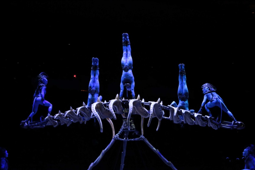 Peter Kismartoni doing a handstand with other performers in Cirque du Soleil's TORUK.