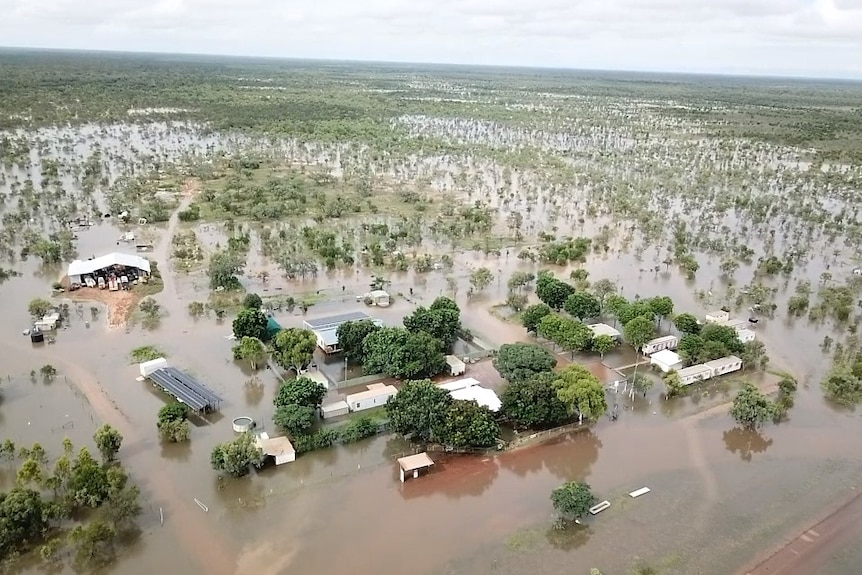 An aerial view of a flooded outback roadhouse