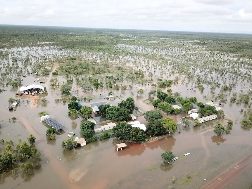 An aerial view of a flooded outback roadhouse