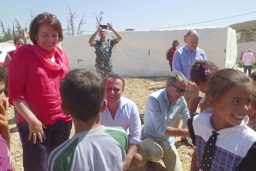The politicians were greeted by children on their arrival to the Bekaa valley.
