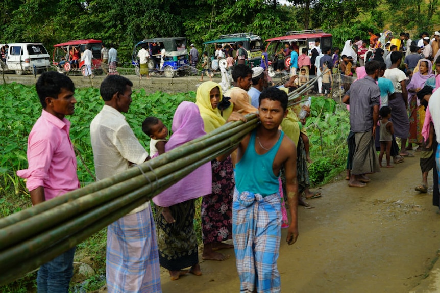 Rohingyan refugees outside the Kutupalong refugee camp in Bangladesh.
