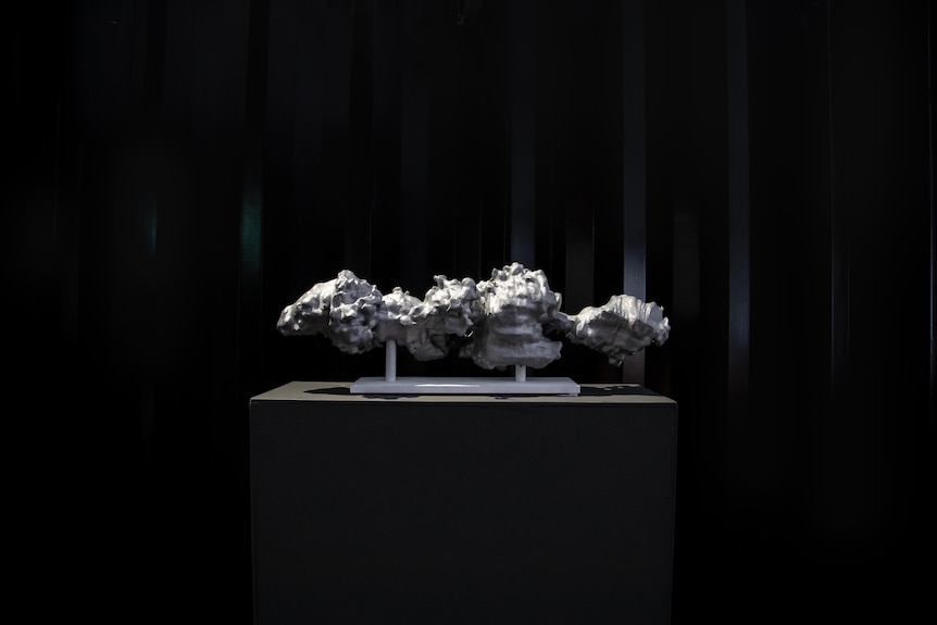 A bumpy and wavy steel sculpture sits in a display cabinet in a darkened gallery space.