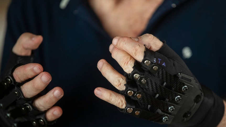 A close up of Brazilian pianist Joao Carlos Martins'  bionic gloves, at his home in Sao Paulo, Brazil.