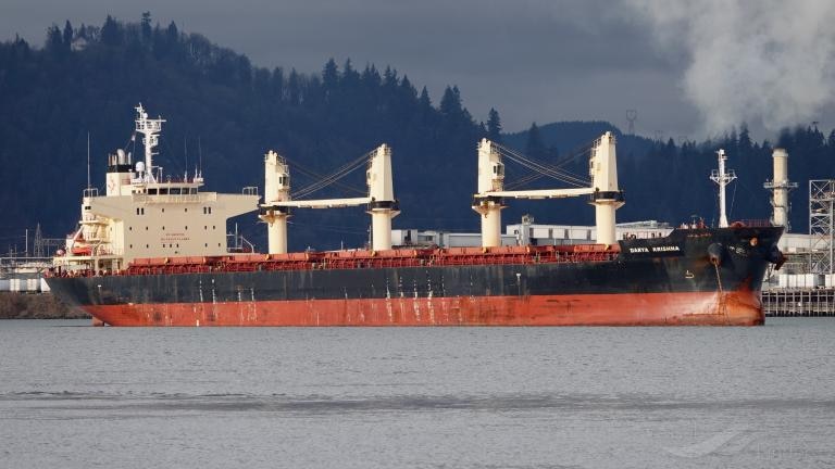 Long bulk carrier ship, blue and red