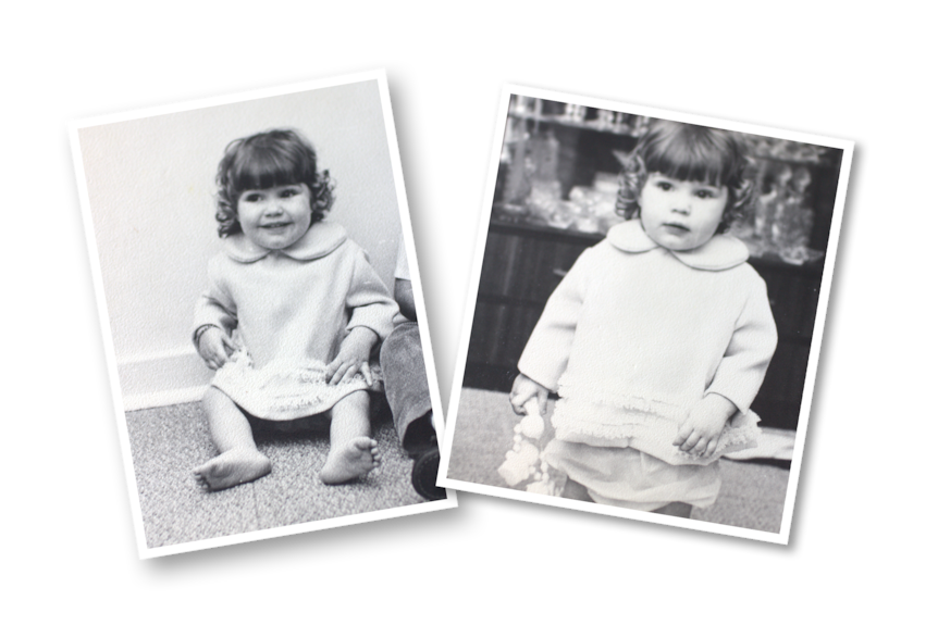 A collage of two old black and white photos of a toddler.