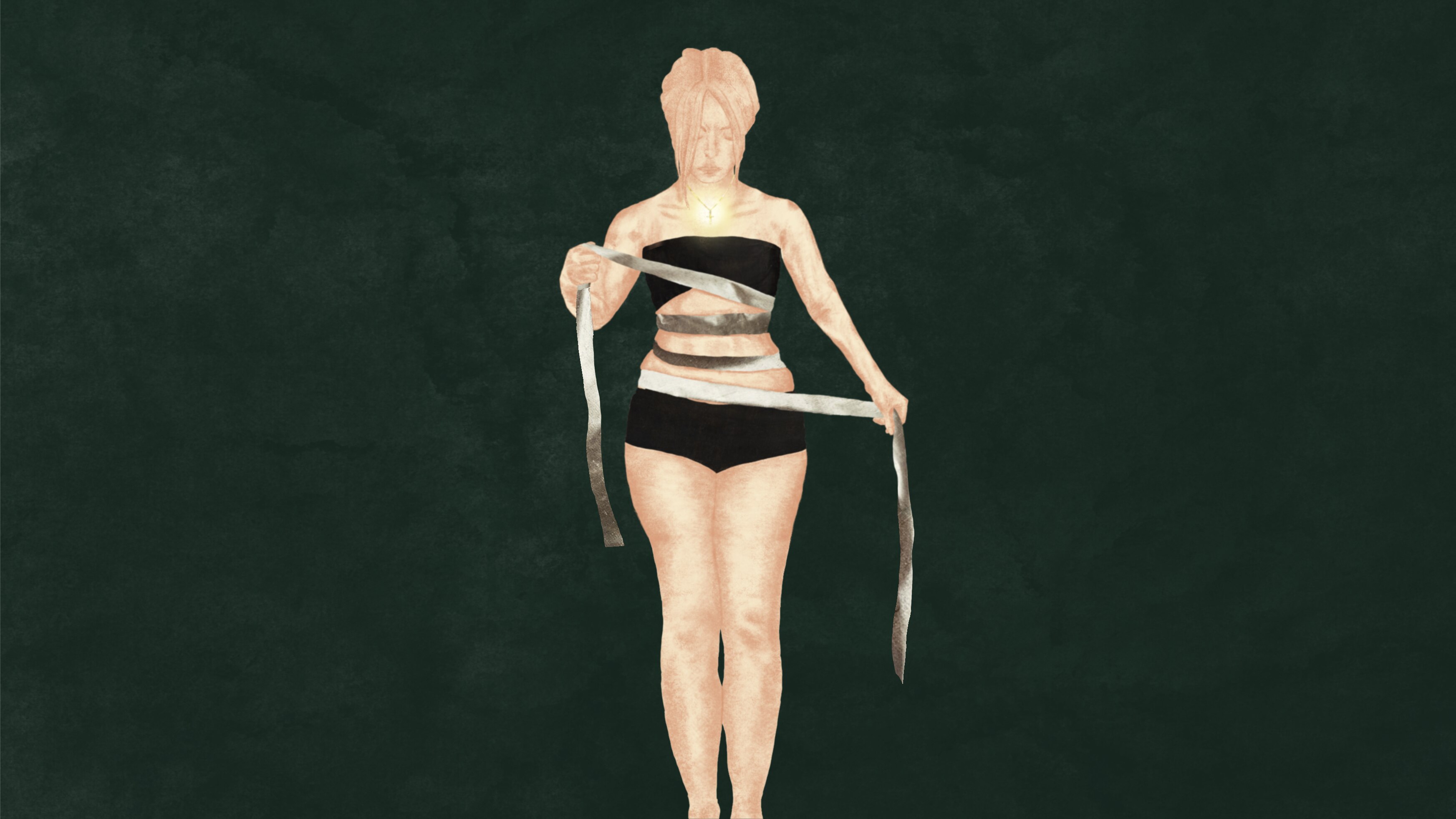 An illustration of a teenager pulling bandages tighter around her stomach.