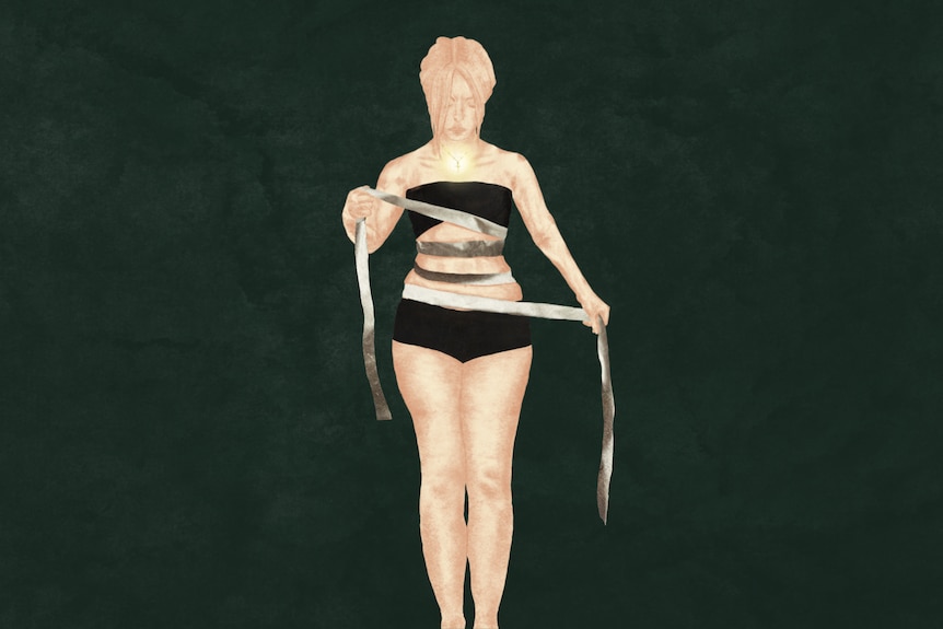 An illustration of a teenager pulling bandages tighter around her stomach.