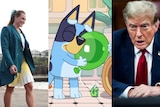 A composite of photos, including a woman walking, Bluey, and Donald Trump 