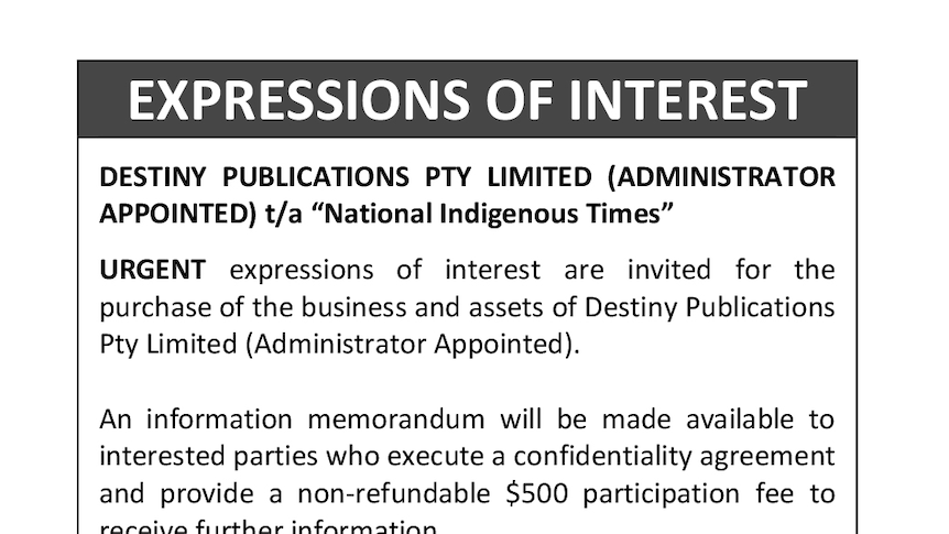 A screen grab of an advertisement calling for "urgent" expressions of interest in newspaper The National Indigenous Times.
