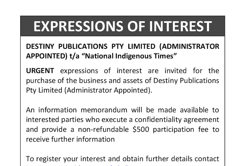 A screen grab of an advertisement calling for "urgent" expressions of interest in newspaper The National Indigenous Times.