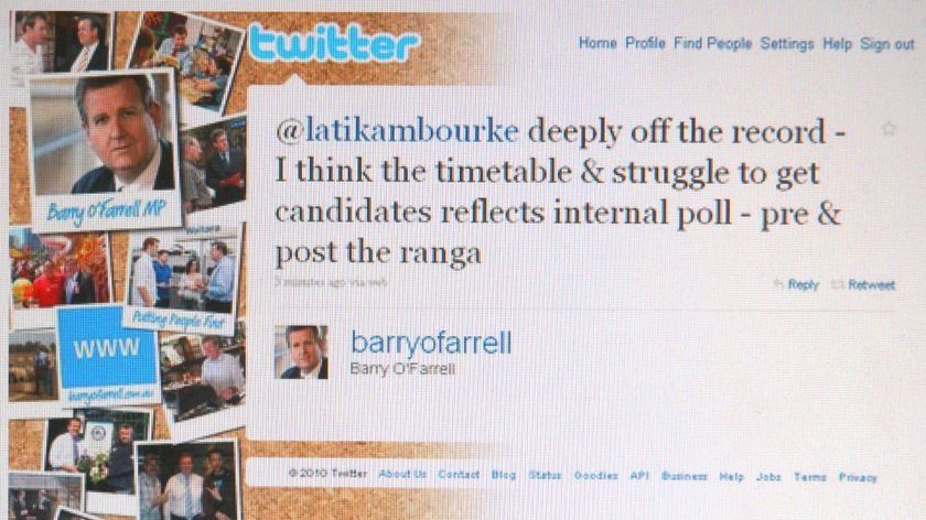 Message sent on Twitter from NSW Opposition Leader Barry O'Farrell to journalist Latika Bourke