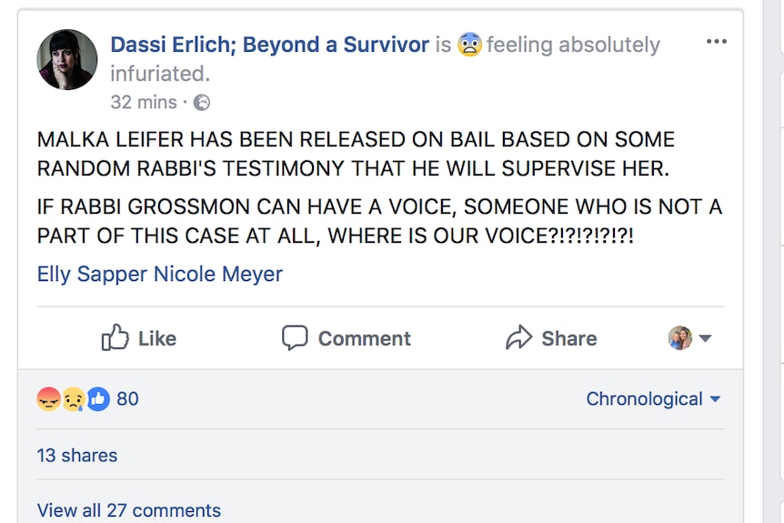 Dassi Erlich posts an angry facebook status tagging two other victims.