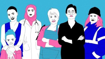 Illustration of a group of women including a mother and child, doctor in a headscarf, hairdresser and construction worker