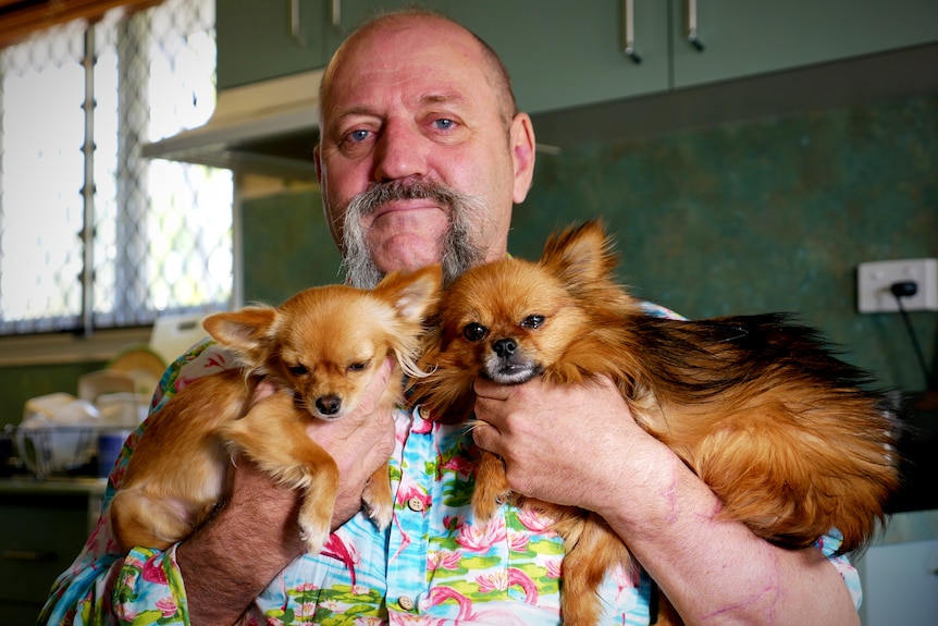 A man hugs two small dogs