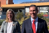 Tasmanian ALP leader Rebecca White (L) and Shadow Federal Treasurer Jim Chalmers stand side by side outside.