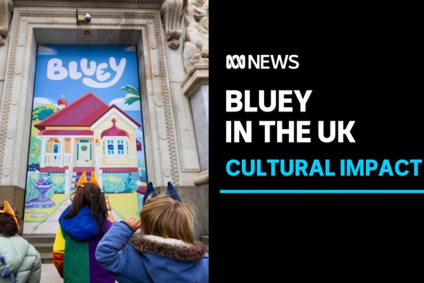 Bluey In The UK, Cultural Impact: Children stand in front of a Bluey marketing poster.