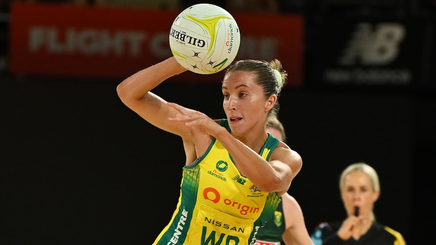 Amy Parmenter catches the ball for the Diamonds during a match against South Africa in 2023.