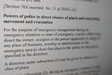 Picture of computer screen showing text from WA Emergency Management Act 2005 about police power to close venues.
