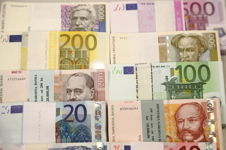 Euro and Kuna currency bills are been pictured at the Croatian National Bank in Zagreb.