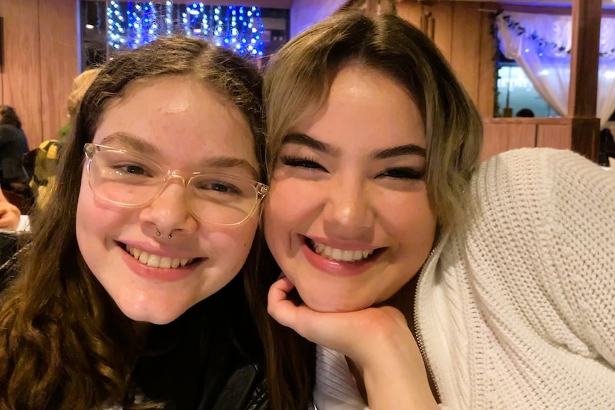 Two young girls with their head next to each other smiling at the camera. Wood paneling in the background, Christmas lights.