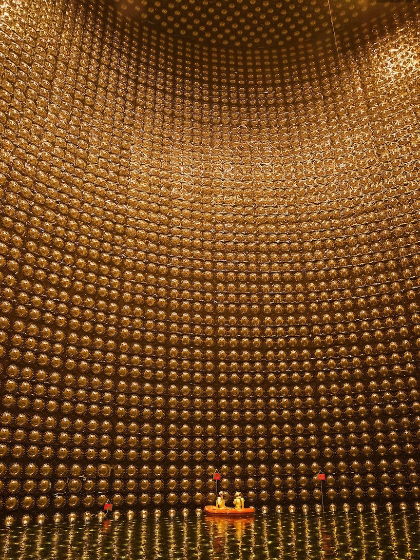 A scientist in a boat against a tall wall of reverse light bulbs