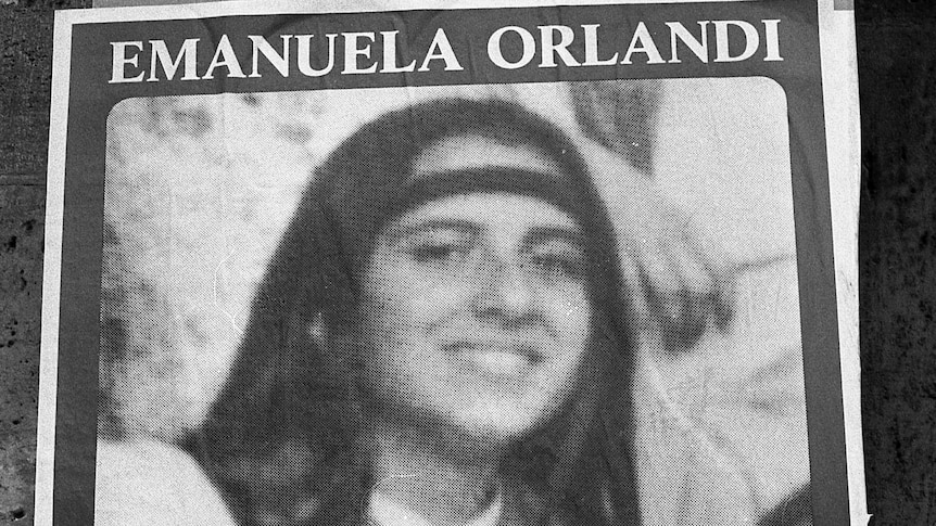 Black and white image of poster of missing Italian teenager Emanuela Orlandi who went missing in 1983