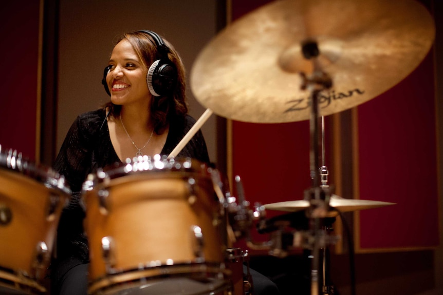 US jazz drummer Terri Lyne Carrington playing drums.