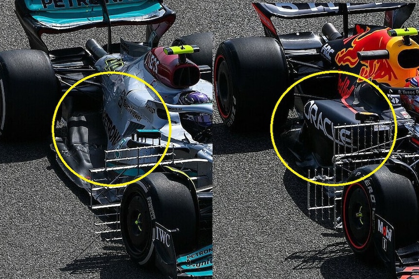 Comparison of the side of two different F1 cars.