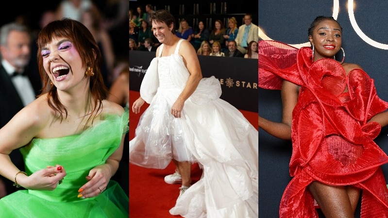 A composite image of three people wearing different coloured dresses on a red carpet