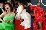 A composite image of three people wearing different coloured dresses on a red carpet