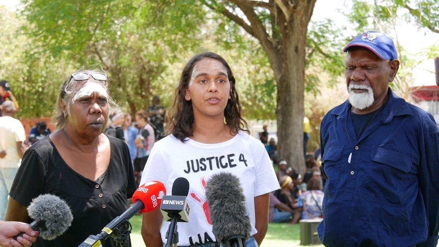 Kumanjayi Walker's cousin Samara Ferandez Brown speaks to the press.