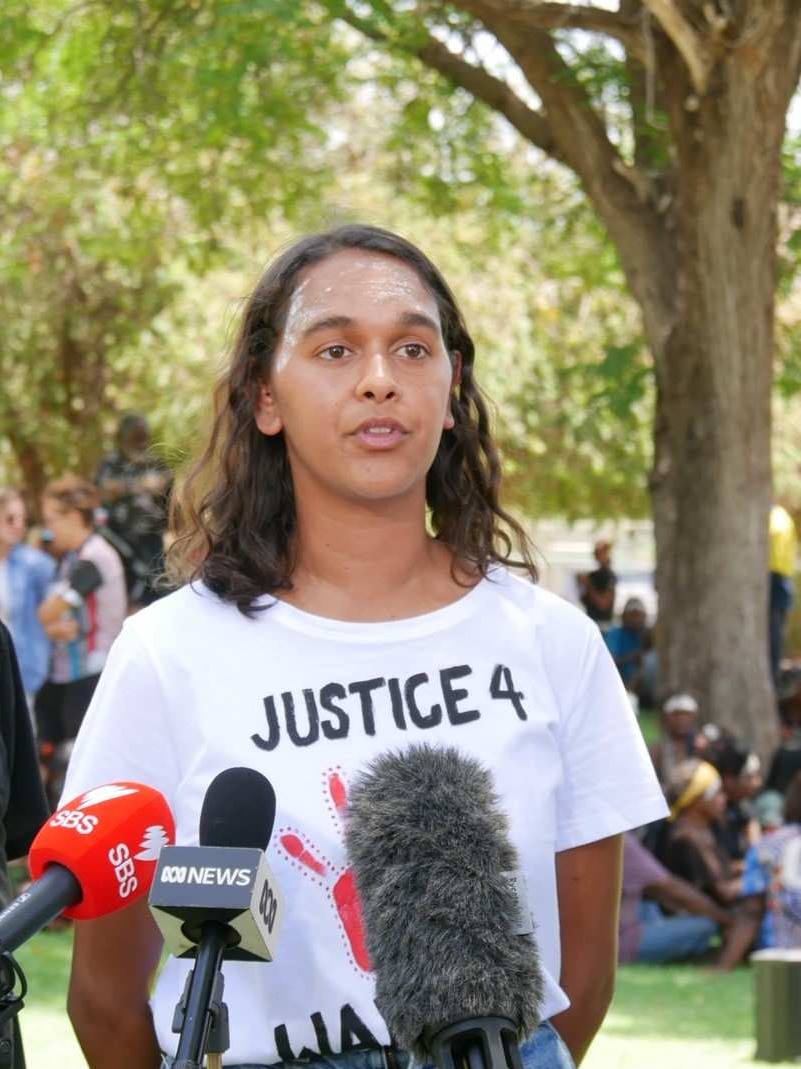 Kumanjayi Walker's cousin Samara Ferandez Brown speaks to the press.