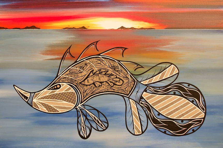A barramundi, painted with a mixture of cross-hatching, dots and solid lines, is painted on an island seascape.