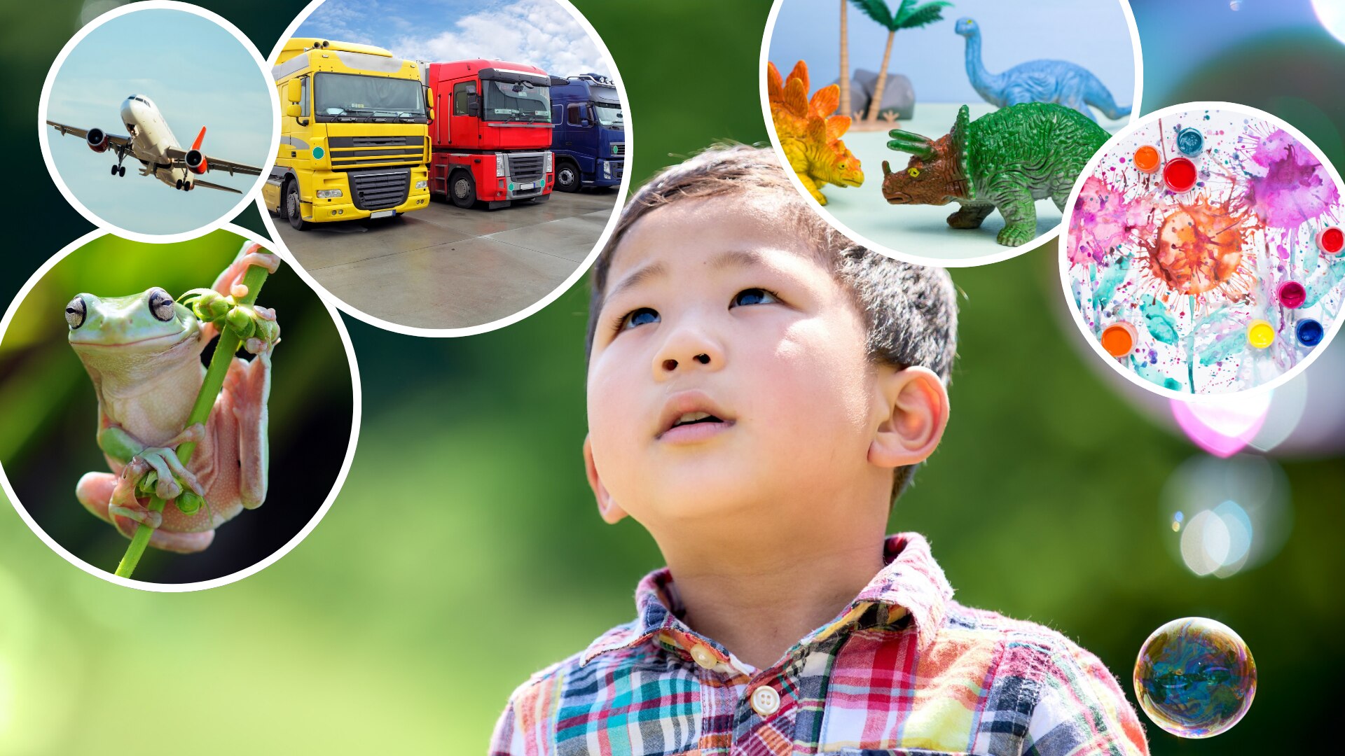 A young boy looking at thought bubbles with dinosaurs, painting, frog, truck.