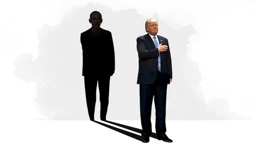 On a white background, you see Donald Trump standing with his hand on his heart, while his shadow is cast as Barack Obama.