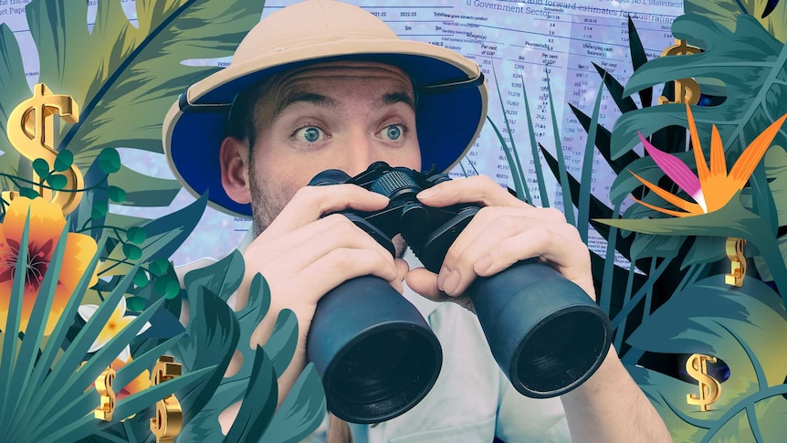 Surrounded by illustrated foliage, Martin, in a pith hat and safari gear, looks over his binoculars with a surprised expression.