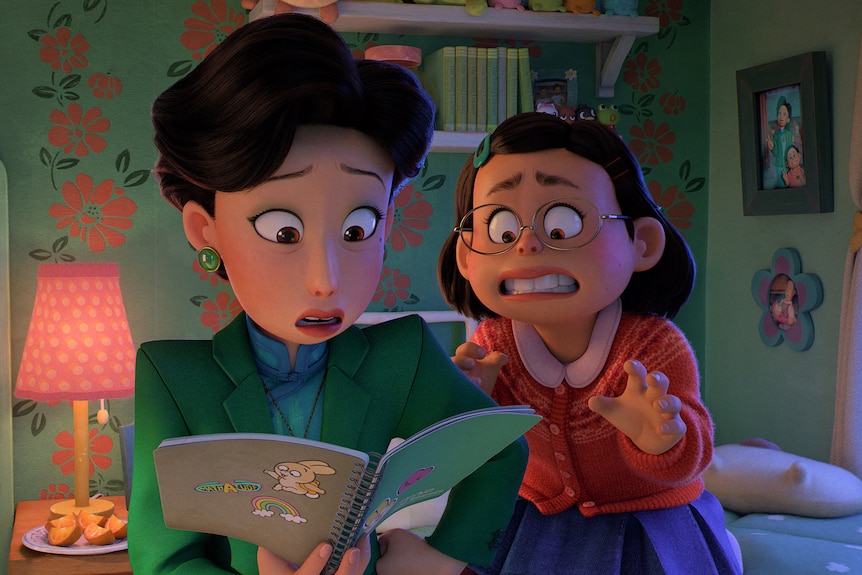Animated mother and teen daughter sit in bedroom looking alarmed at book. Mother wears green blazer; daughter wears pink cardi