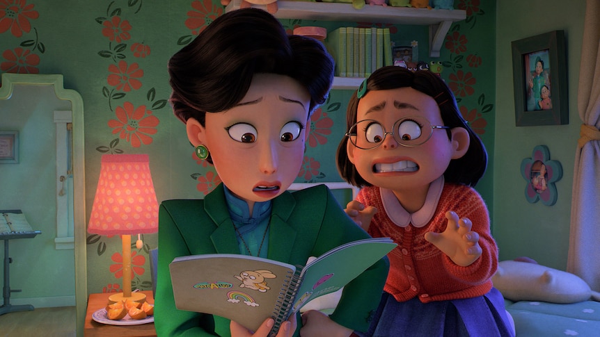 Animated mother and teen daughter sit in bedroom looking alarmed at book. Mother wears green blazer; daughter wears pink cardi