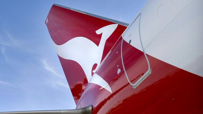 A Qantas jumbo takes off